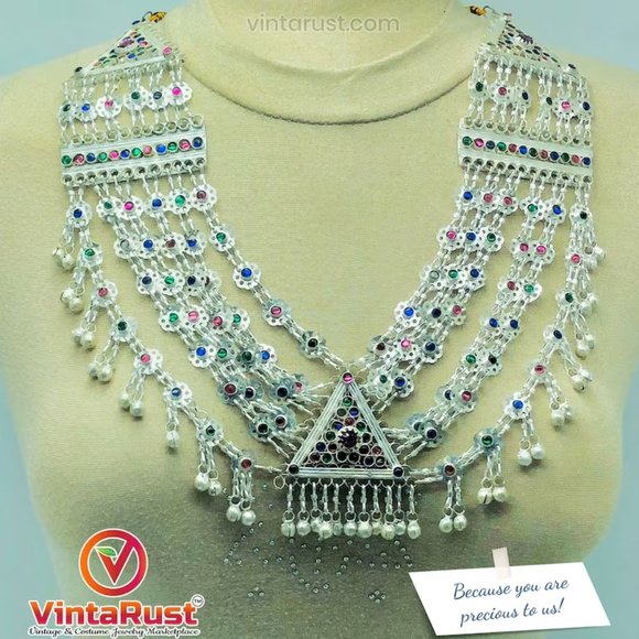 Multilayers Kuchi Tribal Bib Necklace With Multicolor Glass Stones - Picture 1 of 8